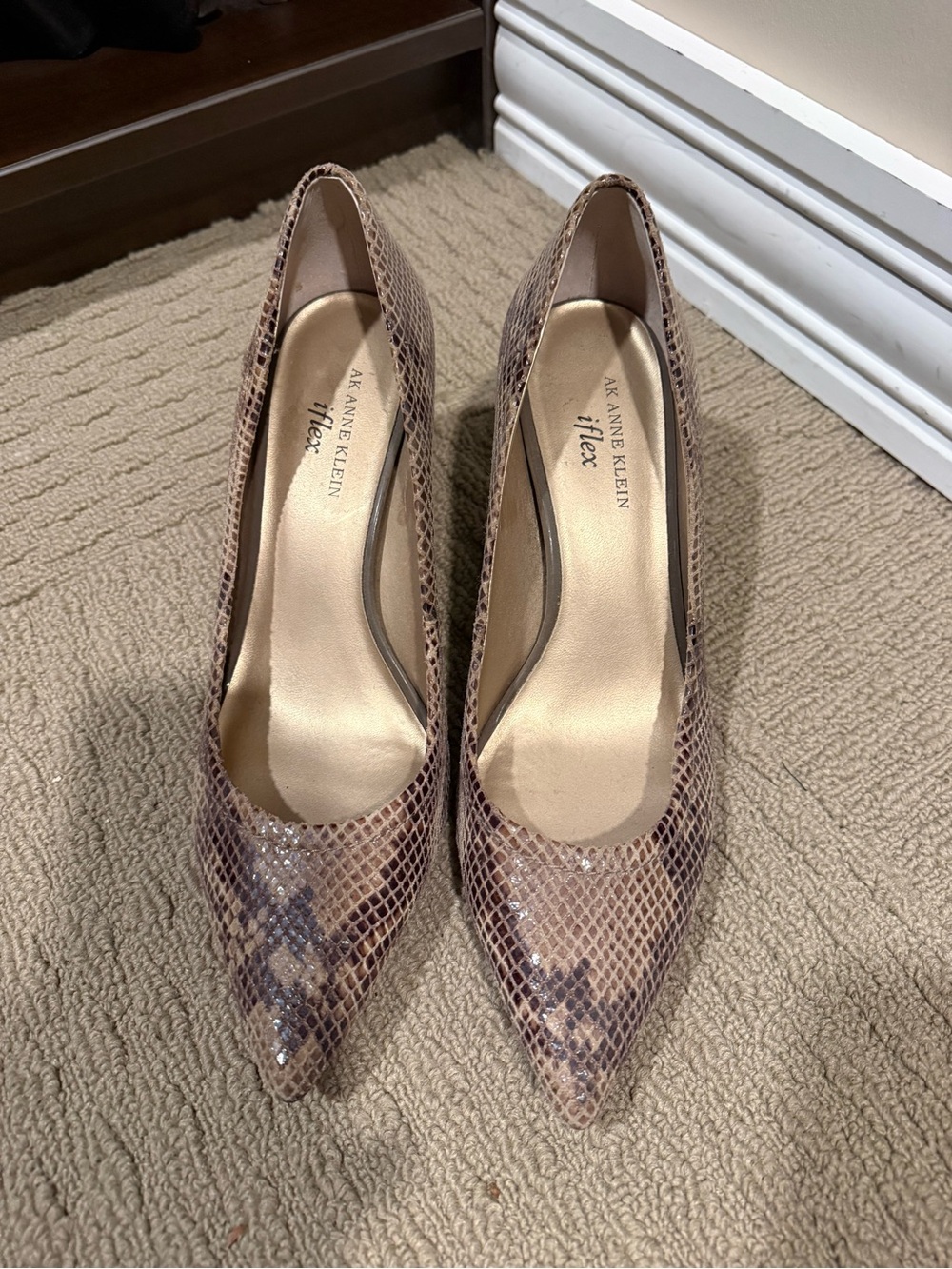 Anne Klein Taupe Snake-Print Pointed Toe Pumps